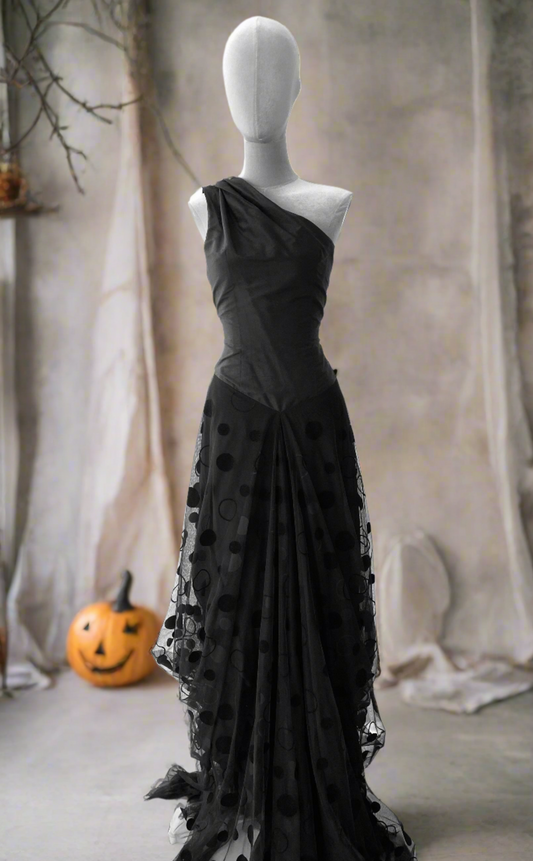 One shoulder Silk & Netting long Dress.Haloween Dress