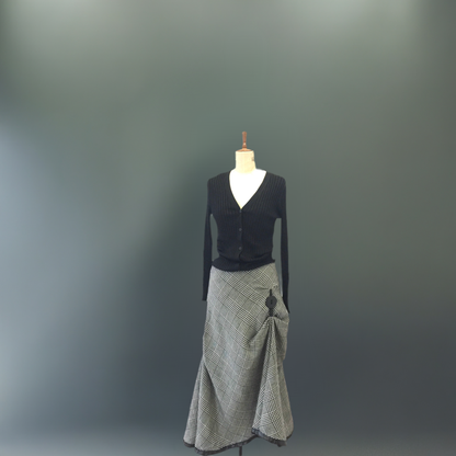 Couture wool check skirt. Long Flamenco style skirt with pleats
