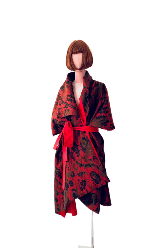 Kimono Style Couture Coat in red and black fabric. Silk Taffeta Lining