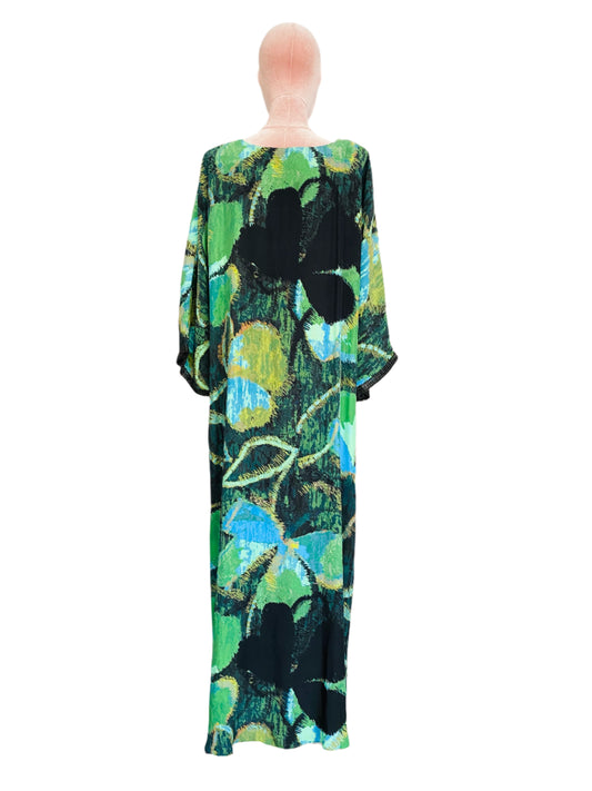 Silk Kaftan Style Dress in Multicoloured Silk Satin
