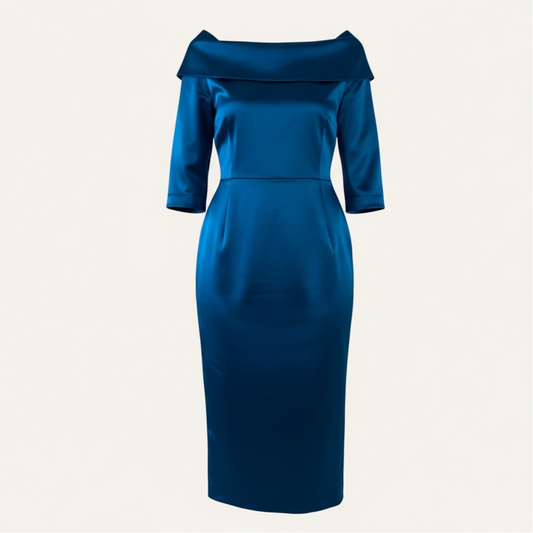 1950s-Inspired Silk Duchess Satin Midi Dress in Sapphire Blue