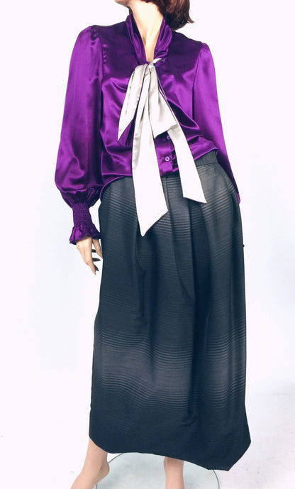 Silk purple Blouse, Double crape satin Blouse with a BOW