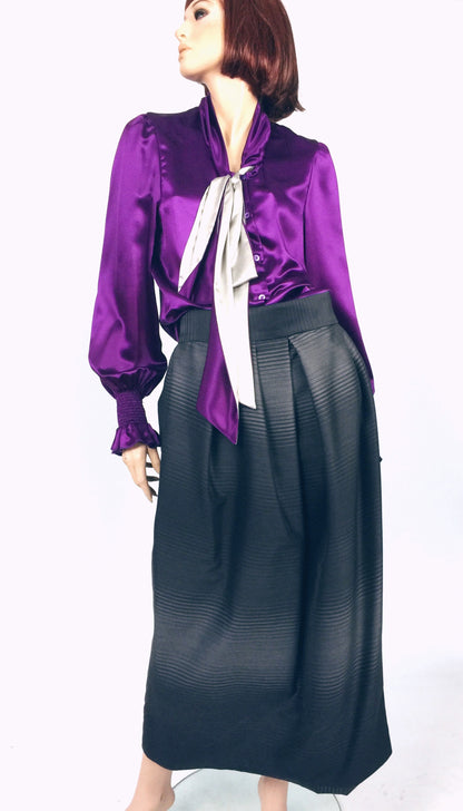 Silk purple Blouse, Double crape satin Blouse with a BOW