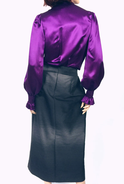 Silk purple Blouse, Double crape satin Blouse with a BOW