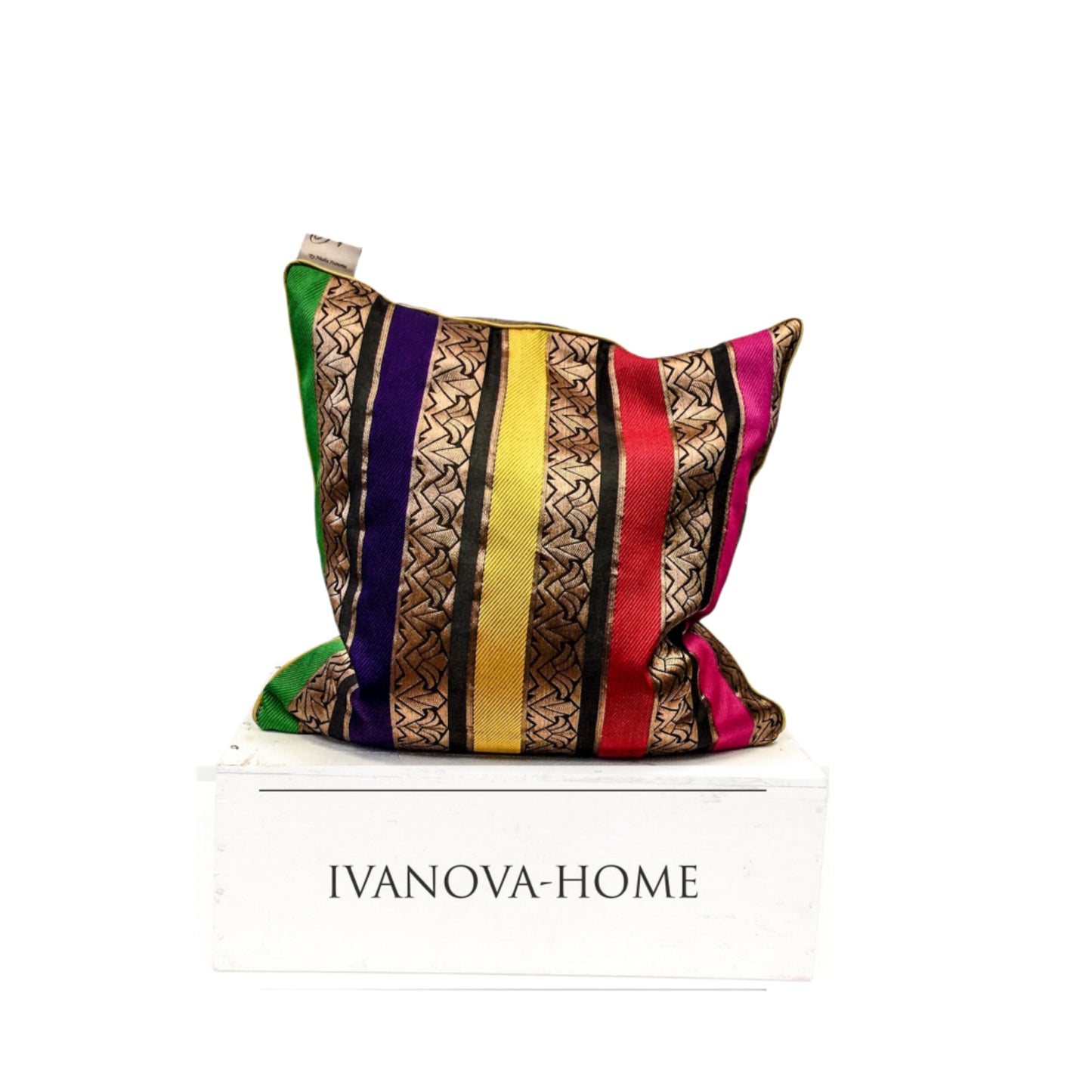 Luxurious silk cushion cover with intricate exotic patterns, adding elegance and warmth to any space. Handcrafted with fine detailing for a sophisticated home decor touch