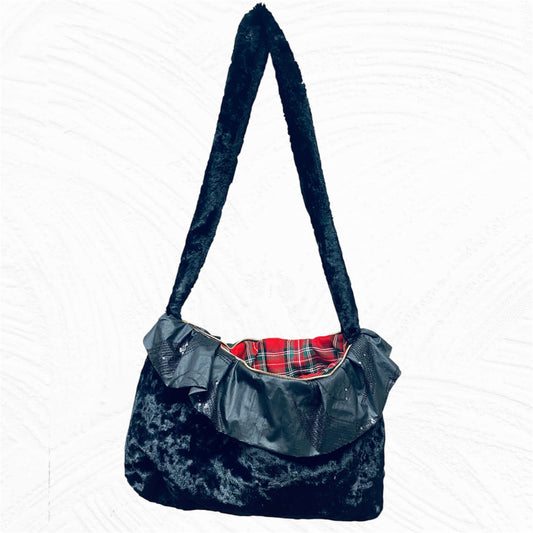 Fabric Sholder bag.Black fur Bag.