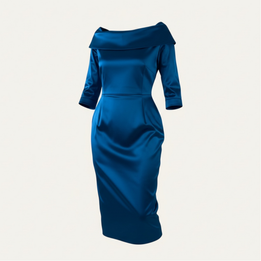 1950s-Inspired Silk Duchess Satin Midi Dress in Sapphire Blue