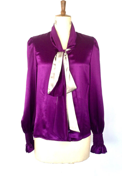 Silk purple Blouse, Double crape satin Blouse with a BOW