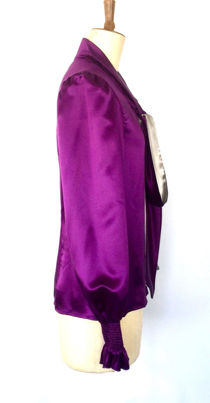 Silk purple Blouse, Double crape satin Blouse with a BOW