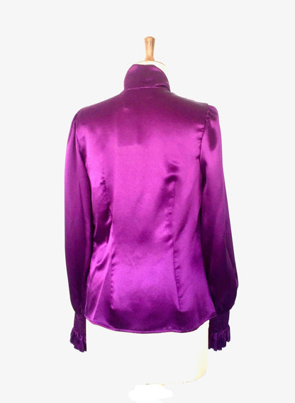 Silk purple Blouse, Double crape satin Blouse with a BOW