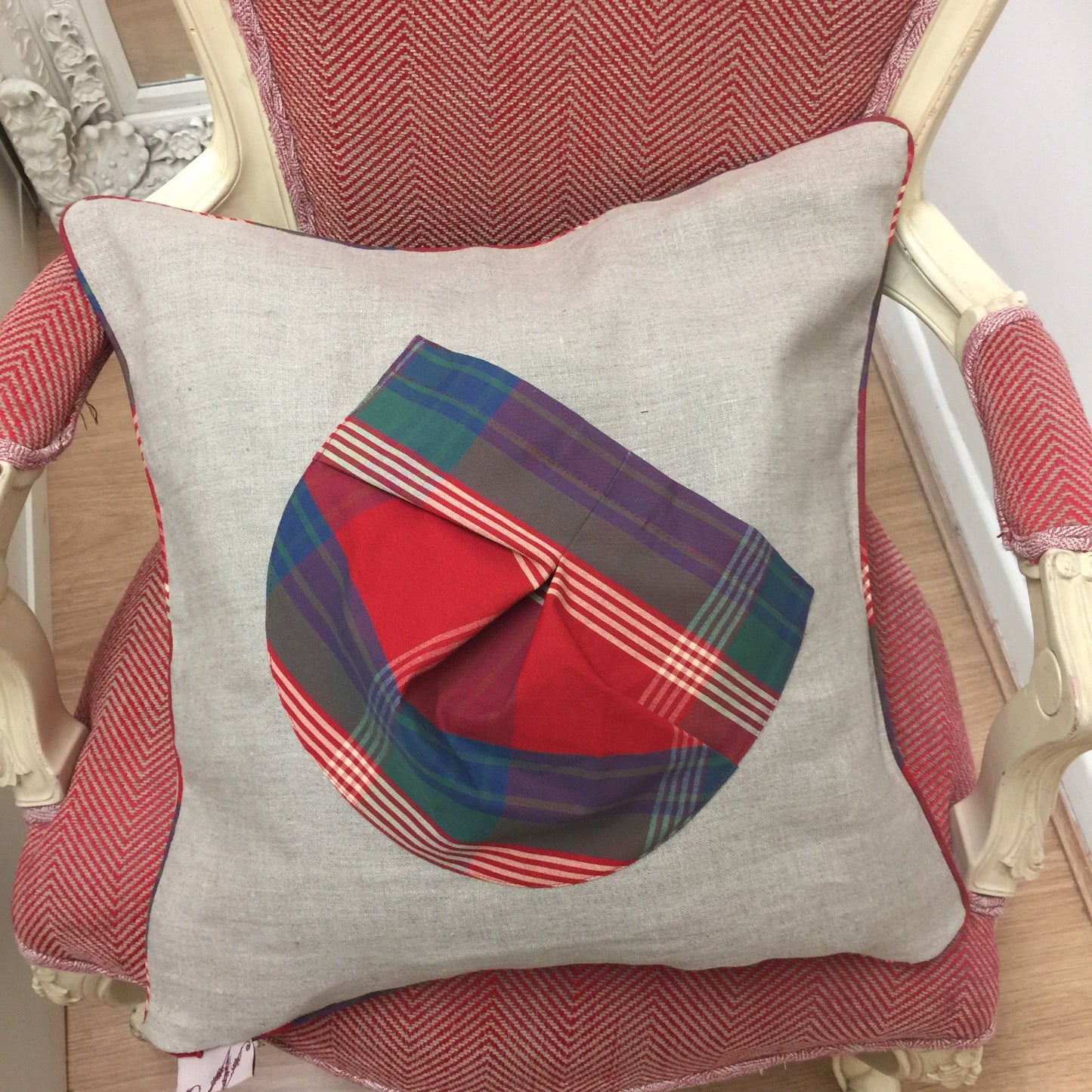 Natural colour linen  cushion-with check cotton pocket in front and piping details 