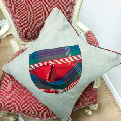 Natural colour linen  cushion-with check cotton pocket in front and piping details 