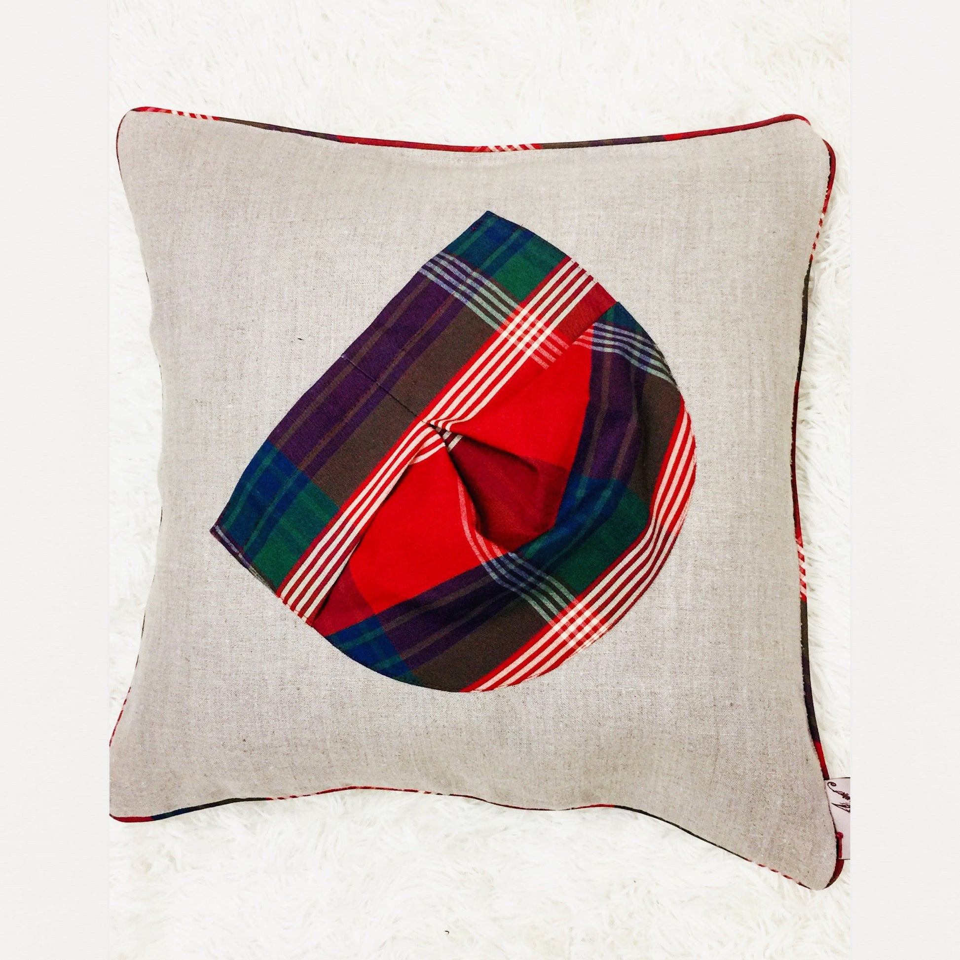 Natural colour linen  cushion-with check cotton pocket in front and piping details 