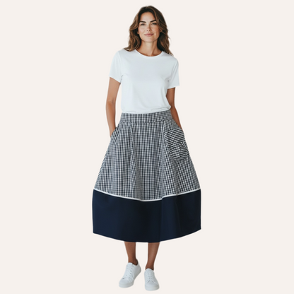 Bubble,Tulip Style Silk Skirt in White& Navy