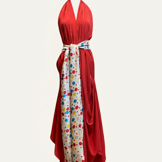 Celestial Shadow: Silk Goddess Dress in Coral