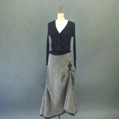 Couture wool check skirt. Long Flamenco style skirt with pleats