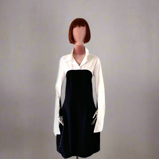 Black dress in Teck & embose dots fabric , Dress with pockets ,& shirting details &Long sleaves