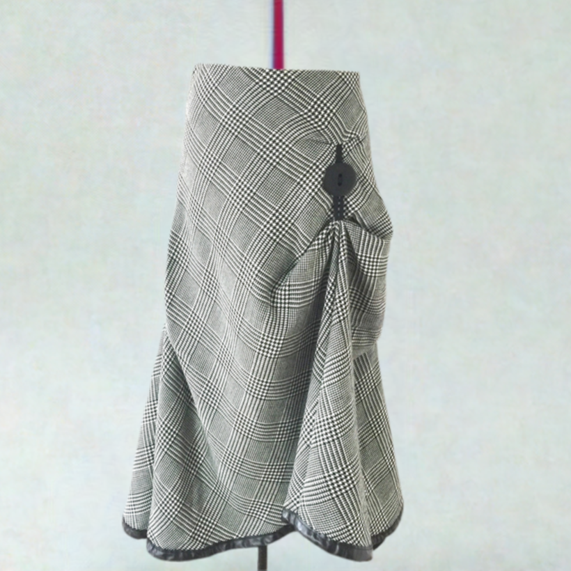 Couture wool check skirt. Long Flamenco style skirt with pleats