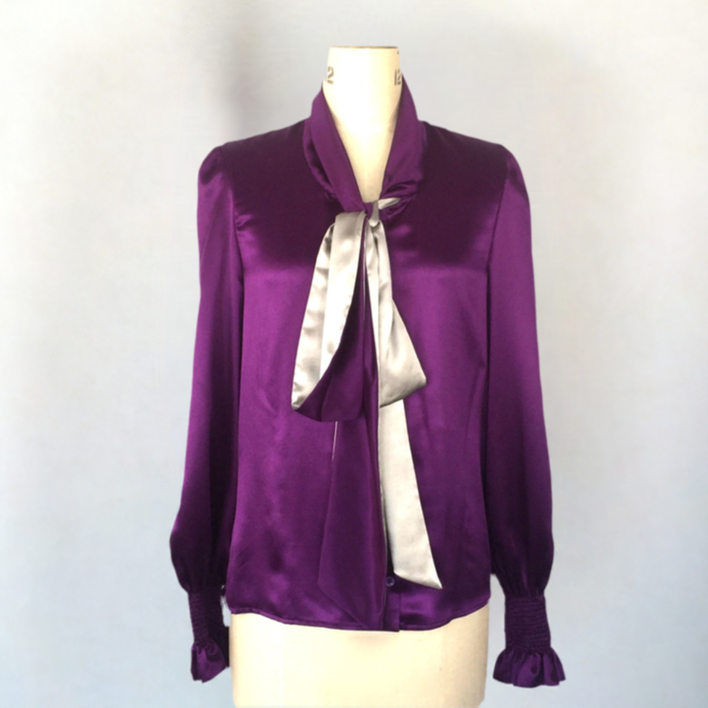 Silk purple Blouse, Double crape satin Blouse with a BOW