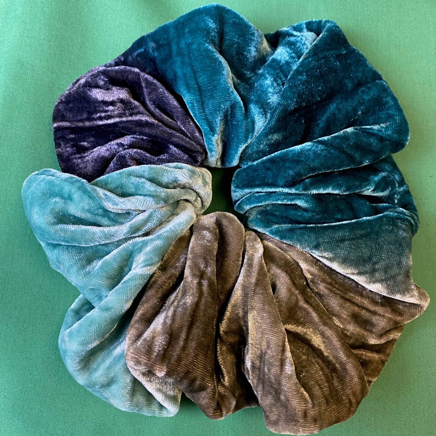 Silk velvet hair scrunchie, blue-green-shades hair accessories, ponytail holder