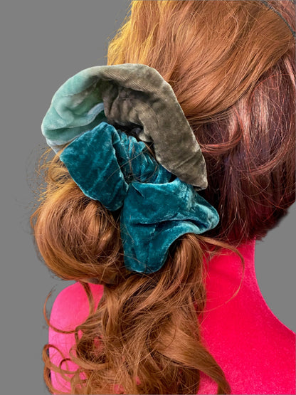 Silk velvet hair scrunchie, blue-green-shades hair accessories, ponytail holder