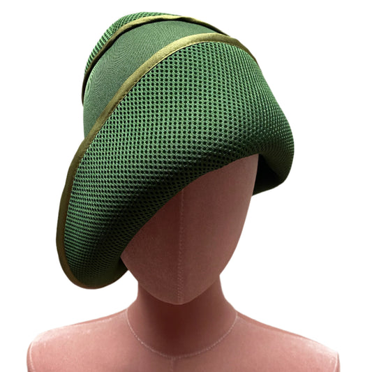 Handmade vintage-style,in bottle green  neoprene fabric,with structured brim and elegant trim, perfect for classic and timeless fashion.