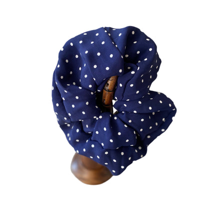 Navy white polkadots print Hair Scrunchies , Ponytail Holder 