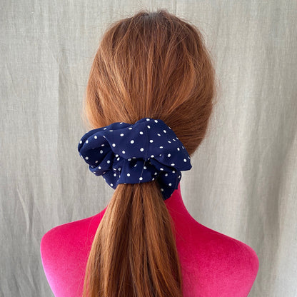 Navy white polkadots print Hair Scrunchies , Ponytail Holder 