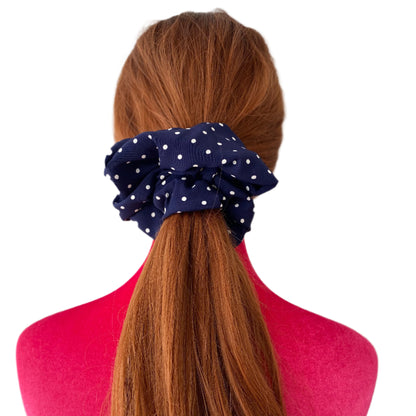 Navy white polkadots print Hair Scrunchies , Ponytail Holder 