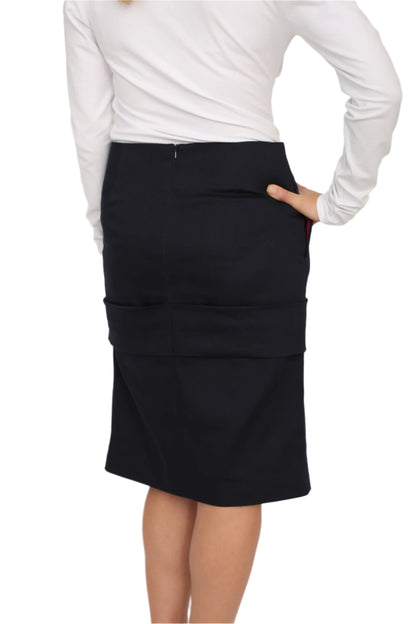Navy Pencil Rouged Skirt With Pockets 