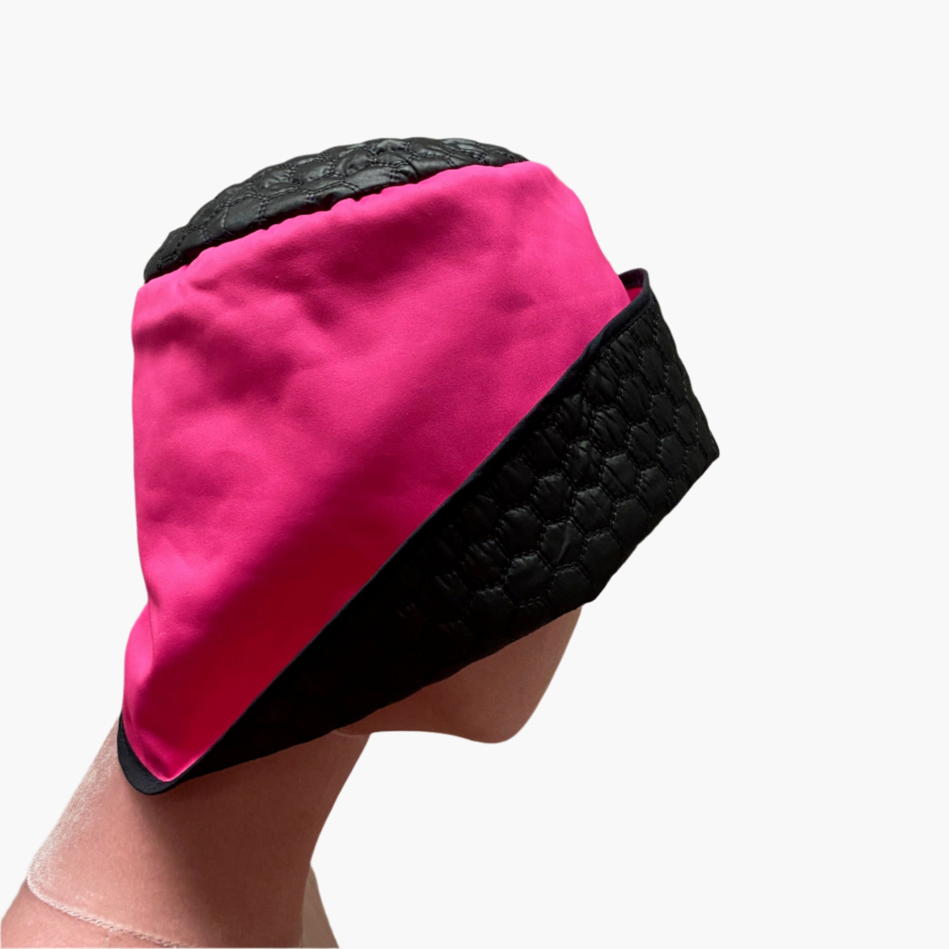 Handmade vintage-style,in mix fibres  hot pink and black fabric,with structured brim and elegant trim, perfect for classic and timeless fashion.