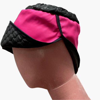 Handmade vintage-style,in mix fibres  hot pink and black fabric,with structured brim and elegant trim, perfect for classic and timeless fashion.